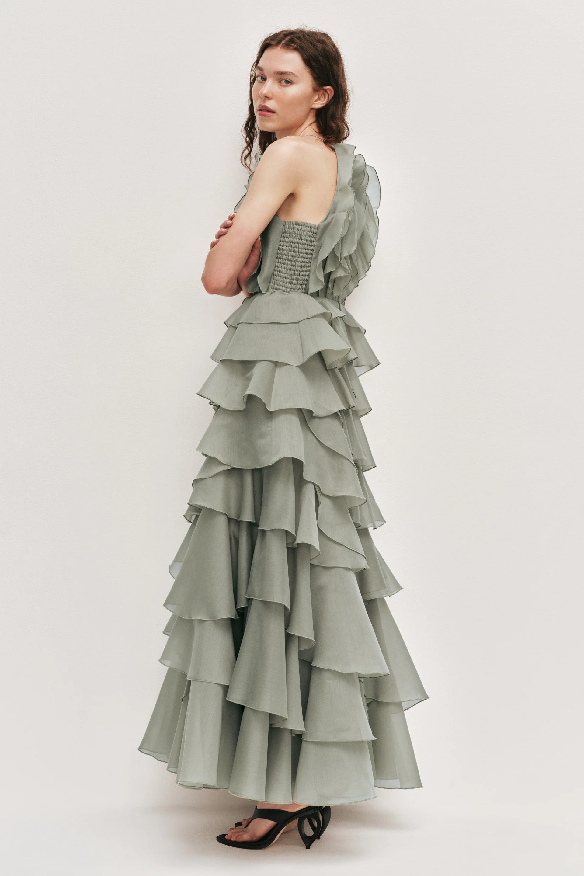 Tiered Ruffle Sleeveless V-Neck Metal-Detail Pale Moss Green Resort Dress