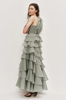 Tiered Ruffle Sleeveless V-Neck Metal-Detail Pale Moss Green Resort Dress