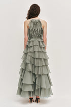 Tiered Ruffle Sleeveless V-Neck Metal-Detail Pale Moss Green Resort Dress