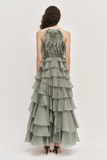 Tiered Ruffle Sleeveless V-Neck Metal-Detail Pale Moss Green Resort Dress