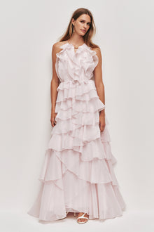 Tiered Ruffle Sleeveless V-Neck Metal-Detail Pink Resort Dress