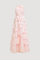 Tiered Ruffle Sleeveless V-Neck Metal-Detail Pink Resort Dress