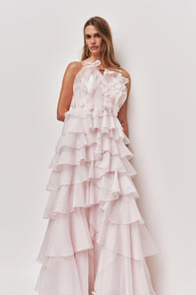 Tiered Ruffle Sleeveless V-Neck Metal-Detail Pink Resort Dress