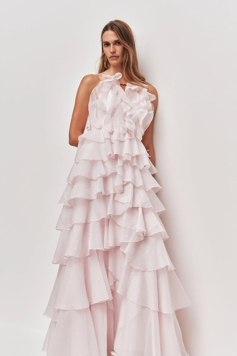 Tiered Ruffle Sleeveless V-Neck Metal-Detail Pink Resort Dress