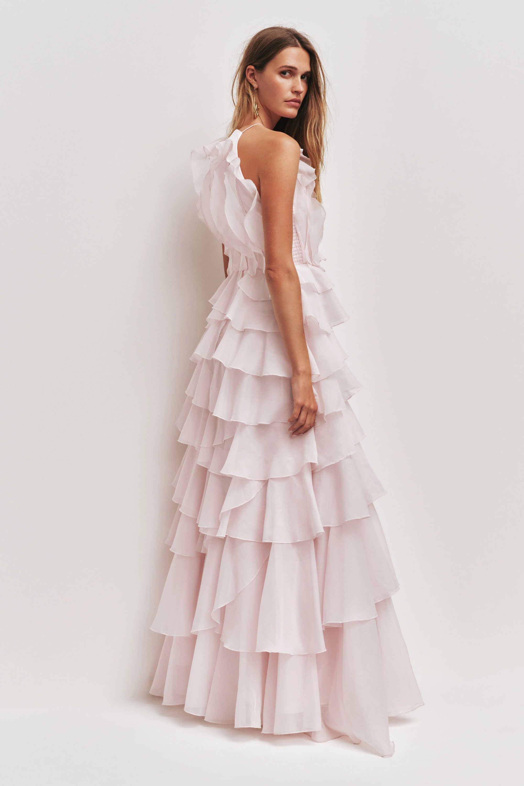Tiered Ruffle Sleeveless V-Neck Metal-Detail Pink Resort Dress