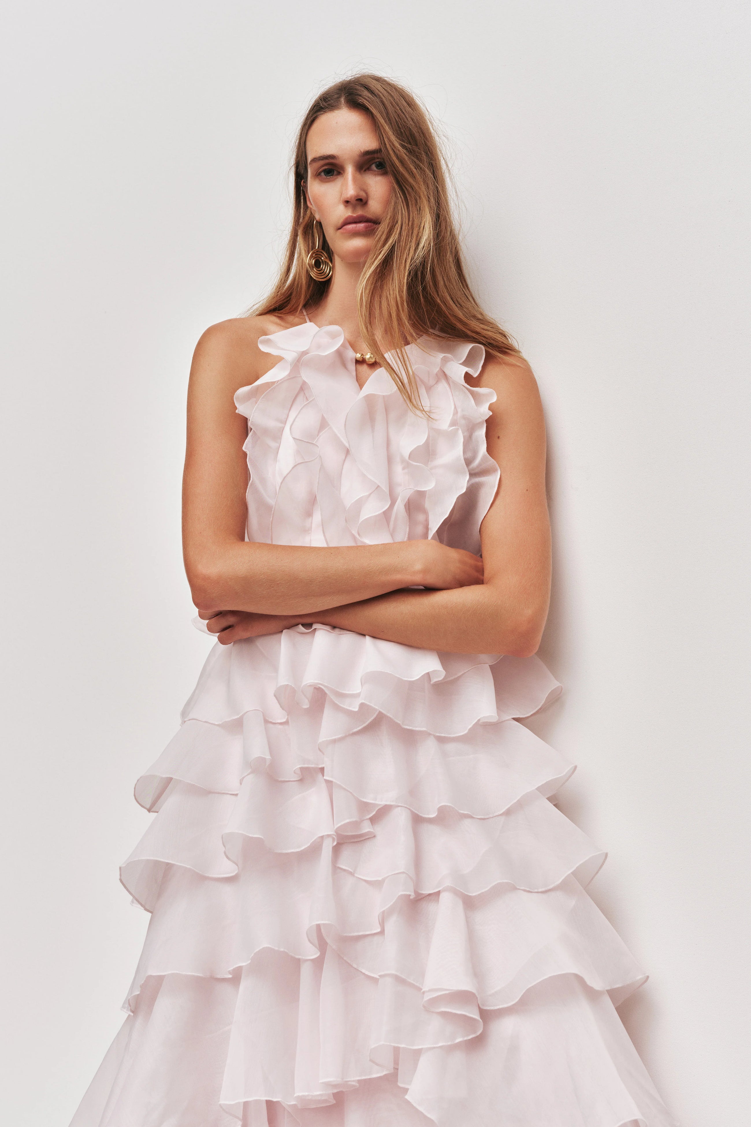 Tiered Ruffle Sleeveless V-Neck Metal-Detail Pink Resort Dress