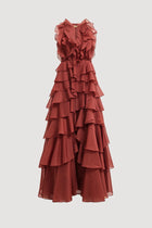 Tiered Ruffle Sleeveless V-Neck Metal-Detail Red Resort Dress