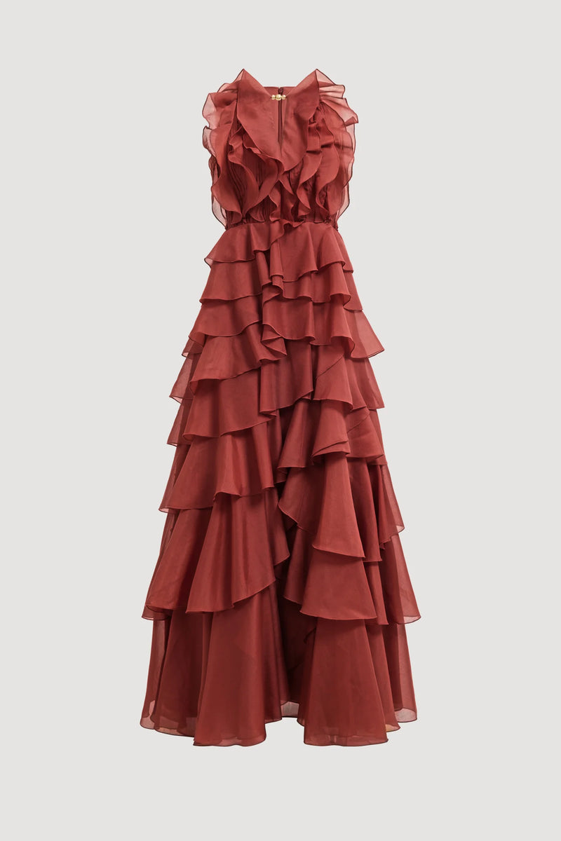 Tiered Ruffle Sleeveless V-Neck Metal-Detail Red Resort Dress