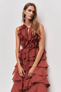 Tiered Ruffle Sleeveless V-Neck Metal-Detail Red Resort Dress