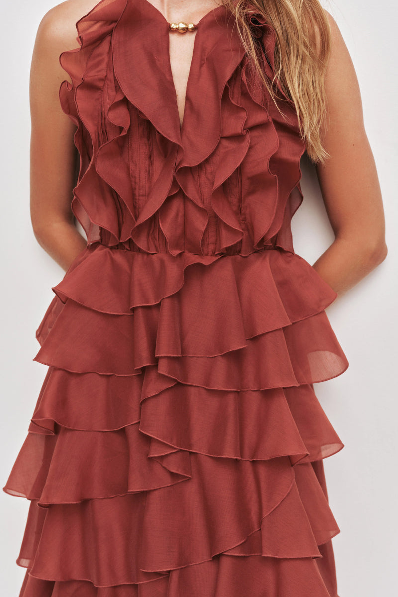 Tiered Ruffle Sleeveless V-Neck Metal-Detail Red Resort Dress