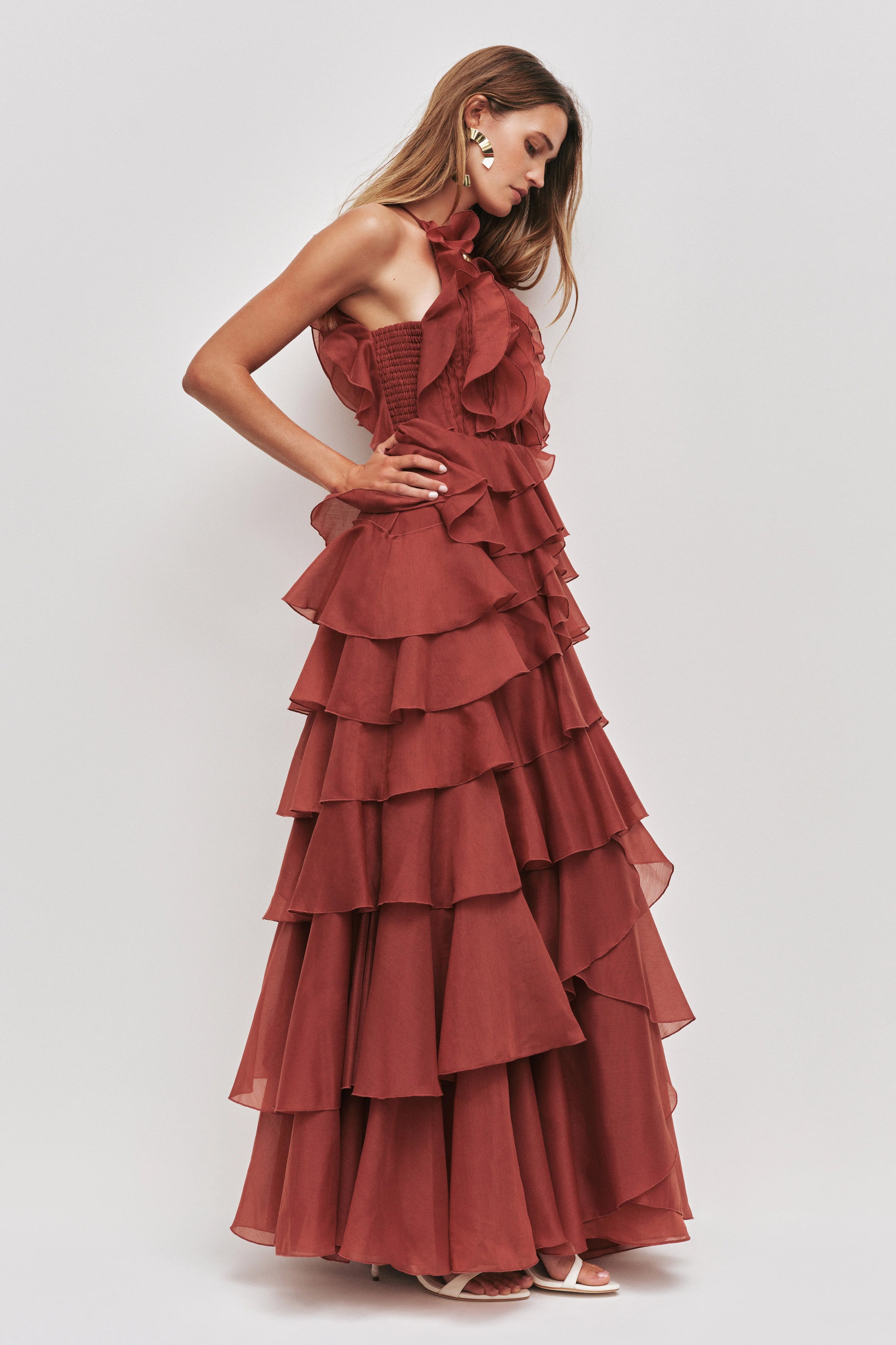 Tiered Ruffle Sleeveless V-Neck Metal-Detail Red Resort Dress