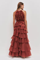 Tiered Ruffle Sleeveless V-Neck Metal-Detail Red Resort Dress