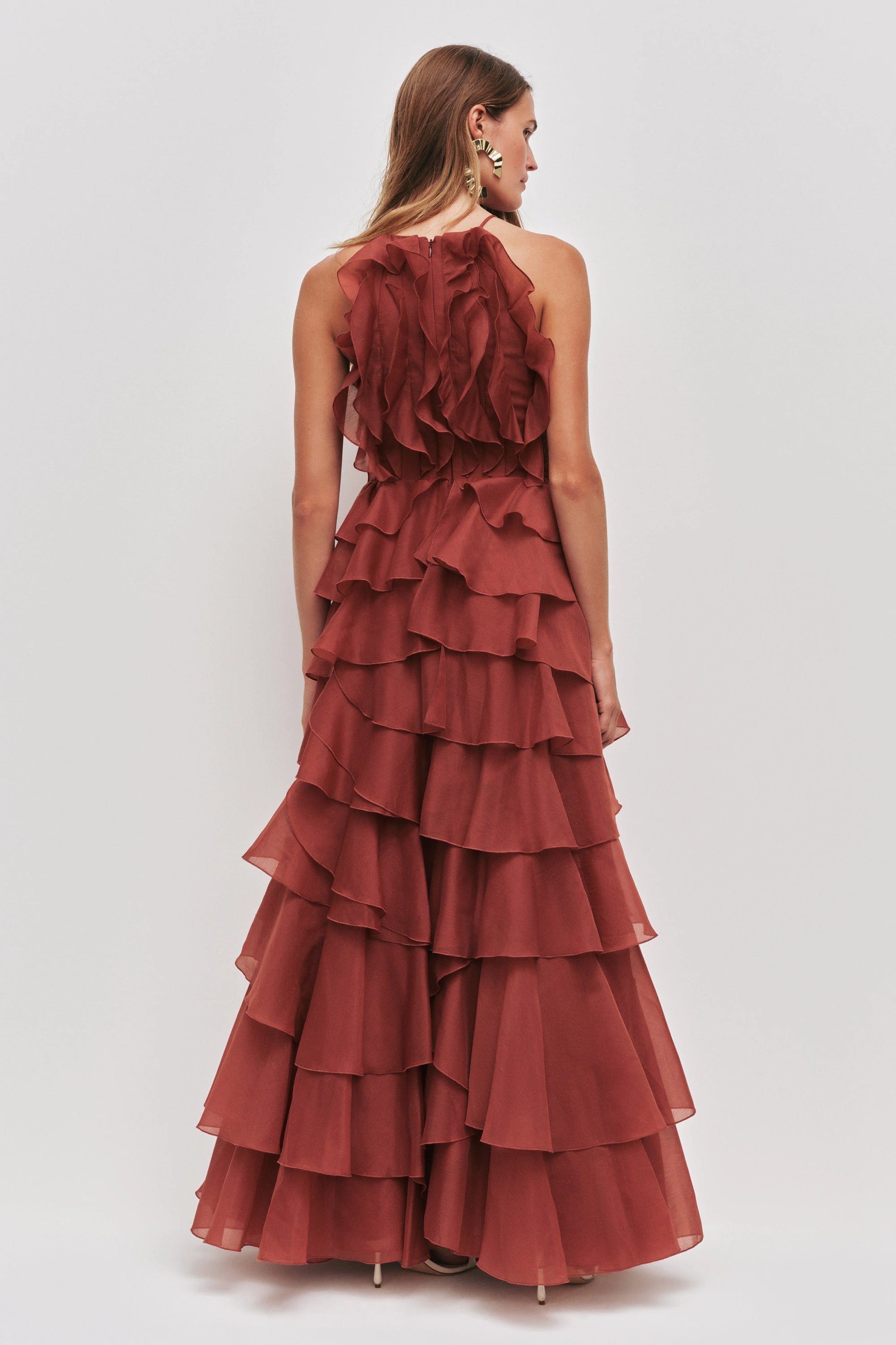 Tiered Ruffle Sleeveless V-Neck Metal-Detail Red Resort Dress