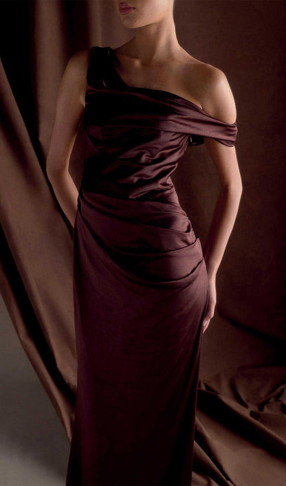 Off Shoulder Satin Maxi Dress