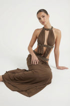 Crew-Neck Sleeveless Cutout Ruched Backless Dress
