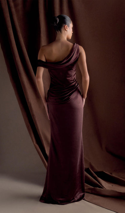 Off Shoulder Satin Maxi Dress