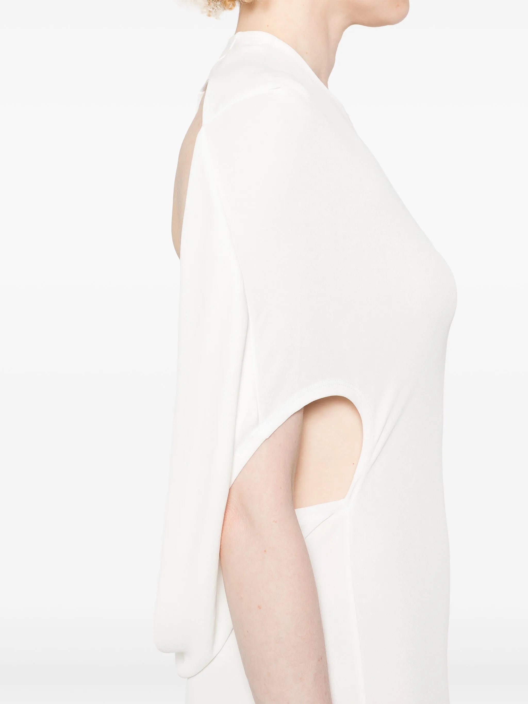 Crew-Neck Asymmetric-Sleeve Open-Back White Knit Dress