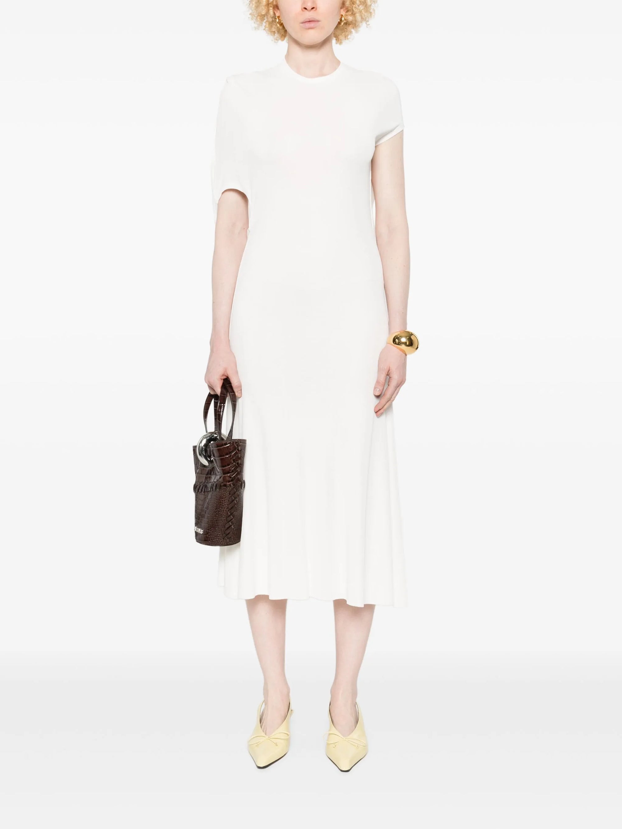 Crew-Neck Asymmetric-Sleeve Open-Back White Knit Dress