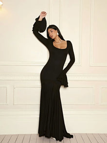 Square Neck Ruffle Long-Sleeve Asymmetrical Hem Maxi Dress