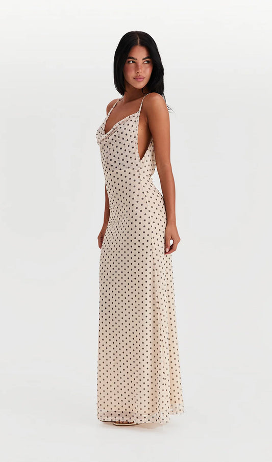 Asymmetric Cowl Polka Dot Maxi Dress
