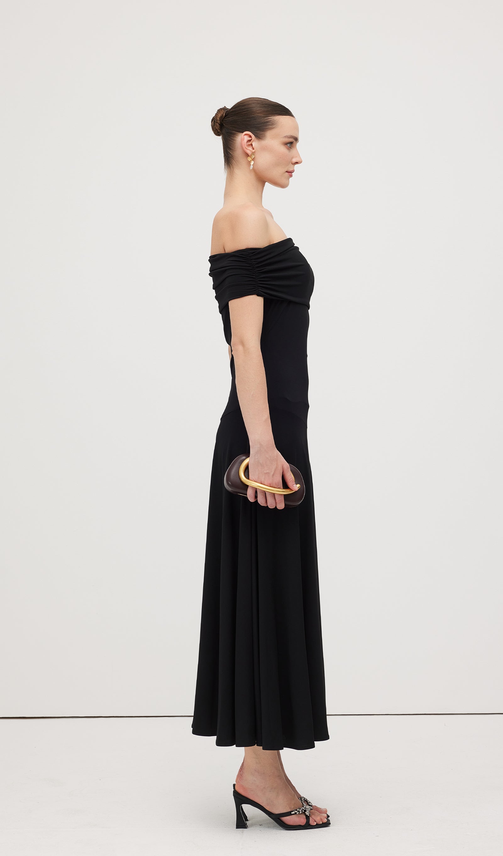 Off Shoulder Draped Midi Dress