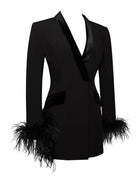 Deep V-Neck Velvet-Lapel Long-Sleeve Ostrich-Feather Blazer Dress