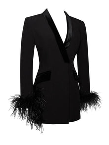 Deep V-Neck Velvet-Lapel Long-Sleeve Ostrich-Feather Blazer Dress