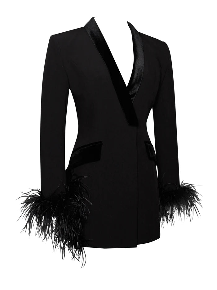 Deep V-Neck Velvet-Lapel Long-Sleeve Ostrich-Feather Blazer Dress