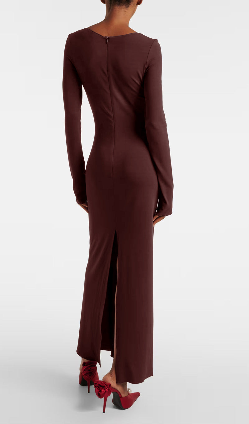 Flower Applied Jersey Maxi Dress Rose Brown