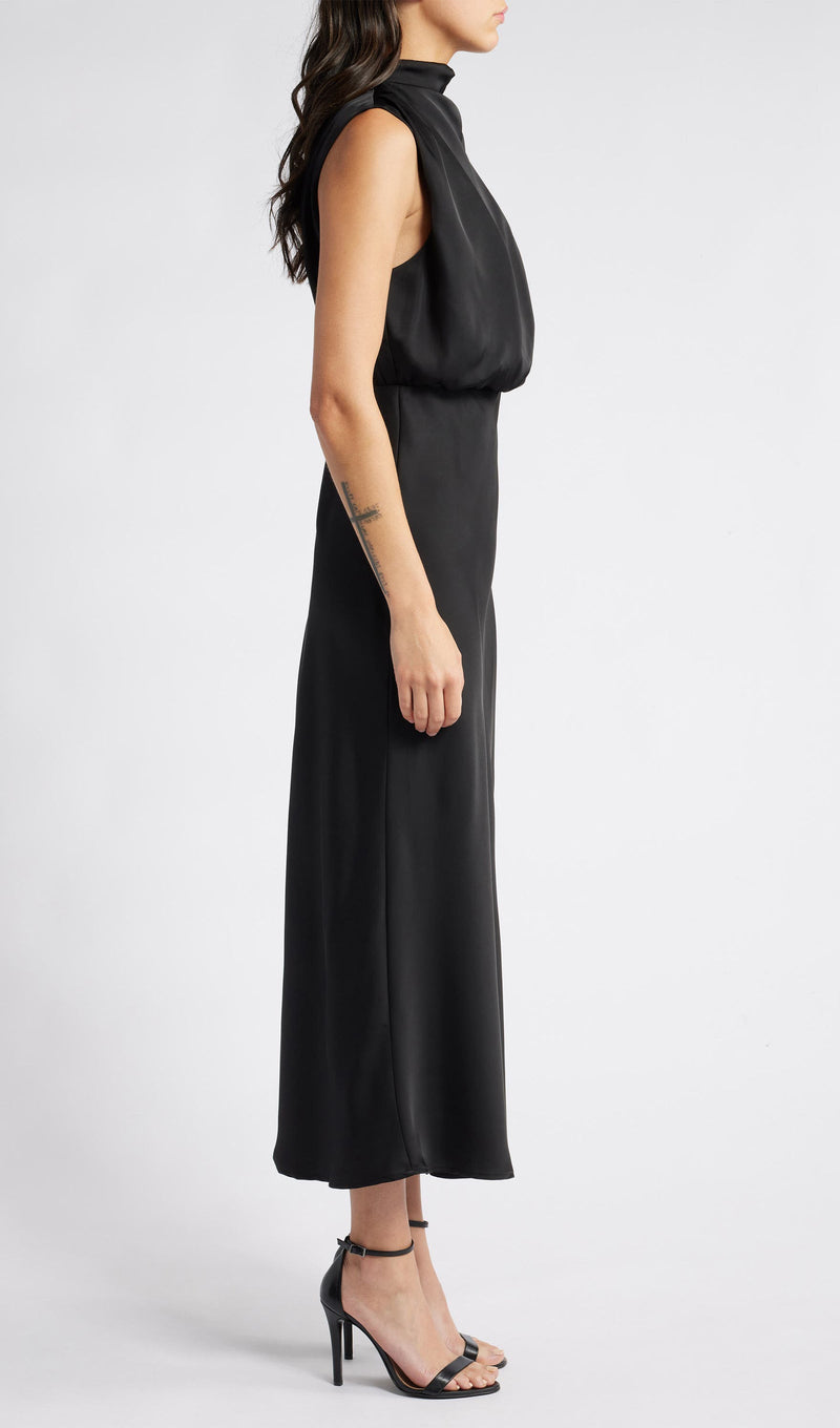 Asymmetric Satin Midi Dress Black
