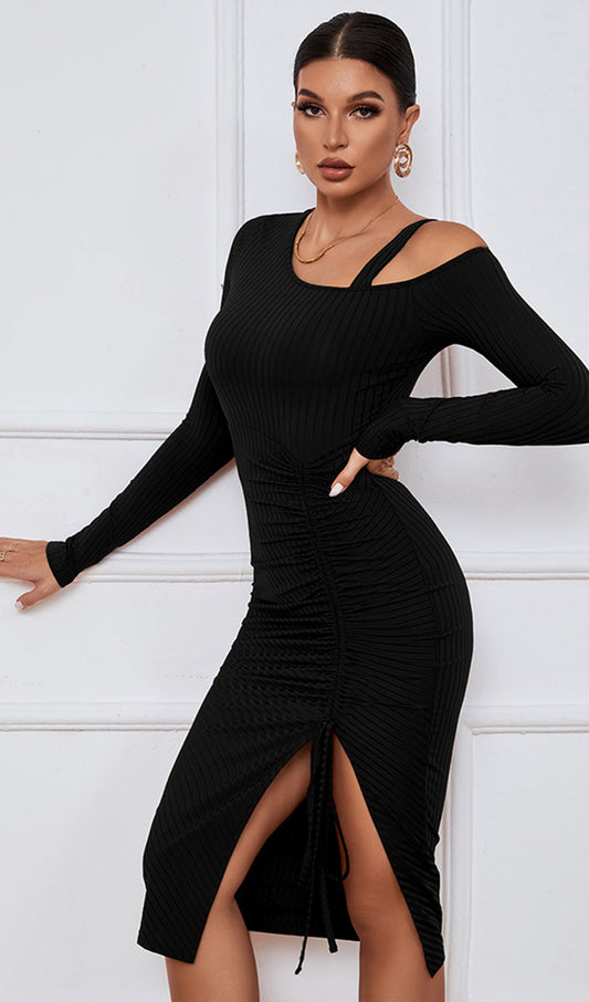 Solid Pleats Split Midi Dress
