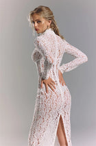 High-Neck Long-Sleeve Corset-Inspired White Lace Dress