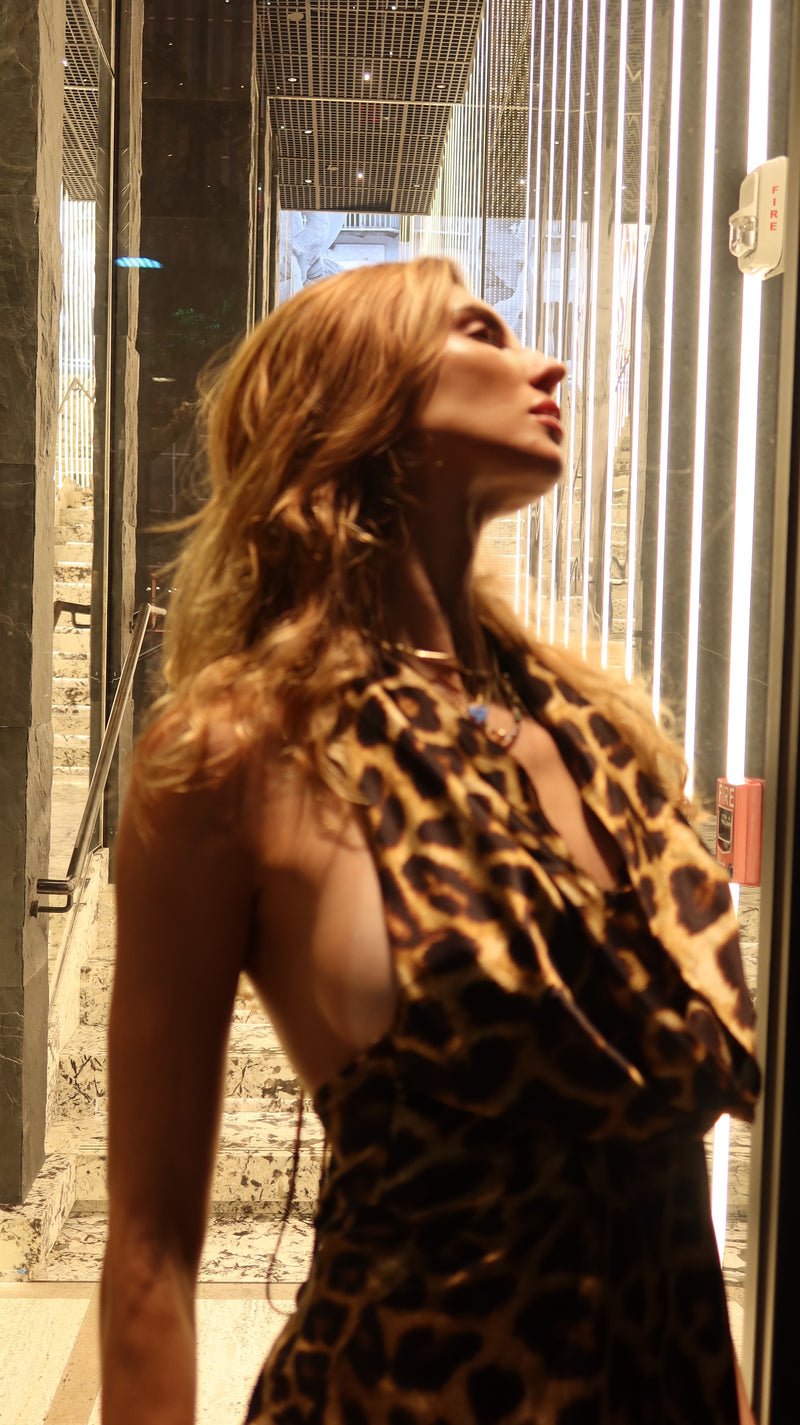 Leopard Print Halter Tie-Backless Maxi Dress