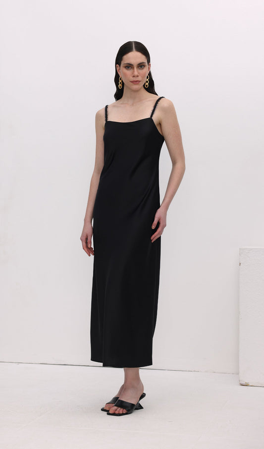 Solid Sequined Slip Midi Dress Black