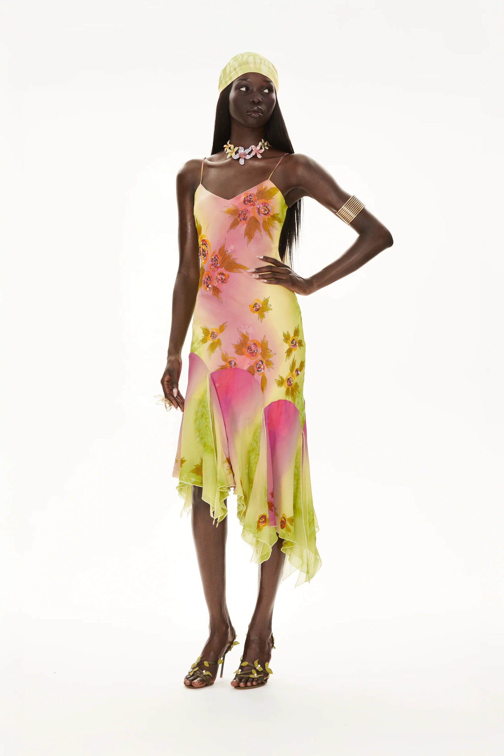 Hand-Beaded Ombre-Dyed Chiffon Spaghetti Strap Dress