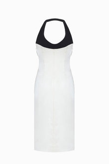 Halter Black-and-White Paneled Satin Midi Dress