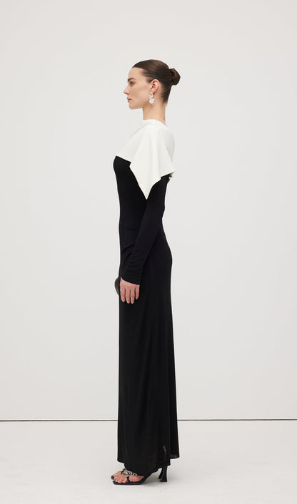 Asymmetrical Draped Shoulder Pleat Maxi Dress