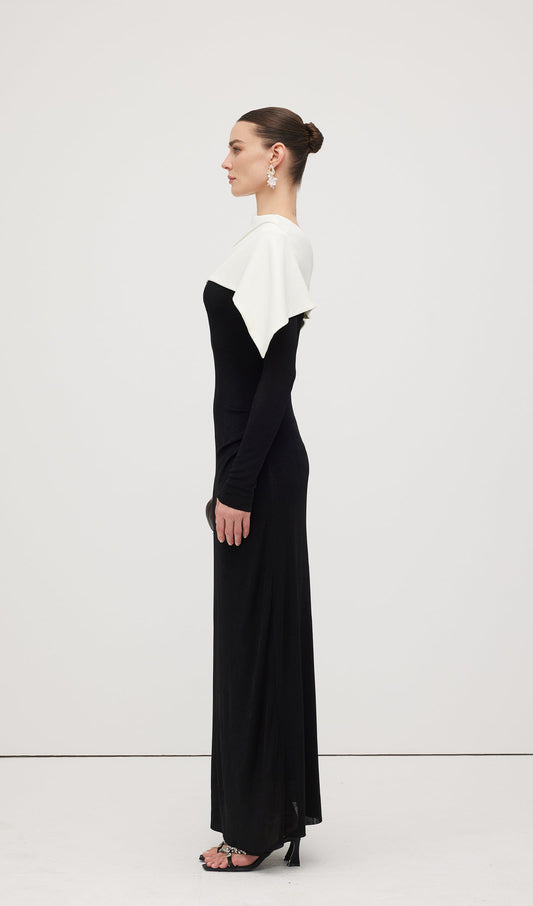 Asymmetrical Draped Shoulder Pleat Maxi Dress