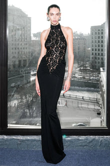 High-Neck Sleeveless Lace-Splicing Ruched-Waist Backless Bodycon Dress