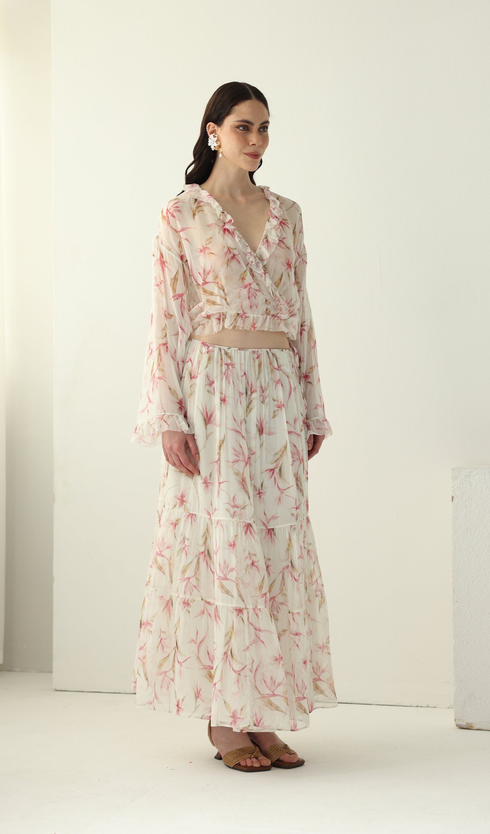 Floral Silk Ruffle Two Piece Sets