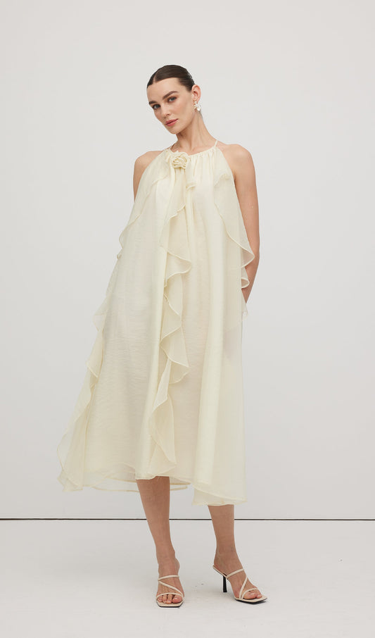 Halterneck Rose Detail Ruffle Midi Dress