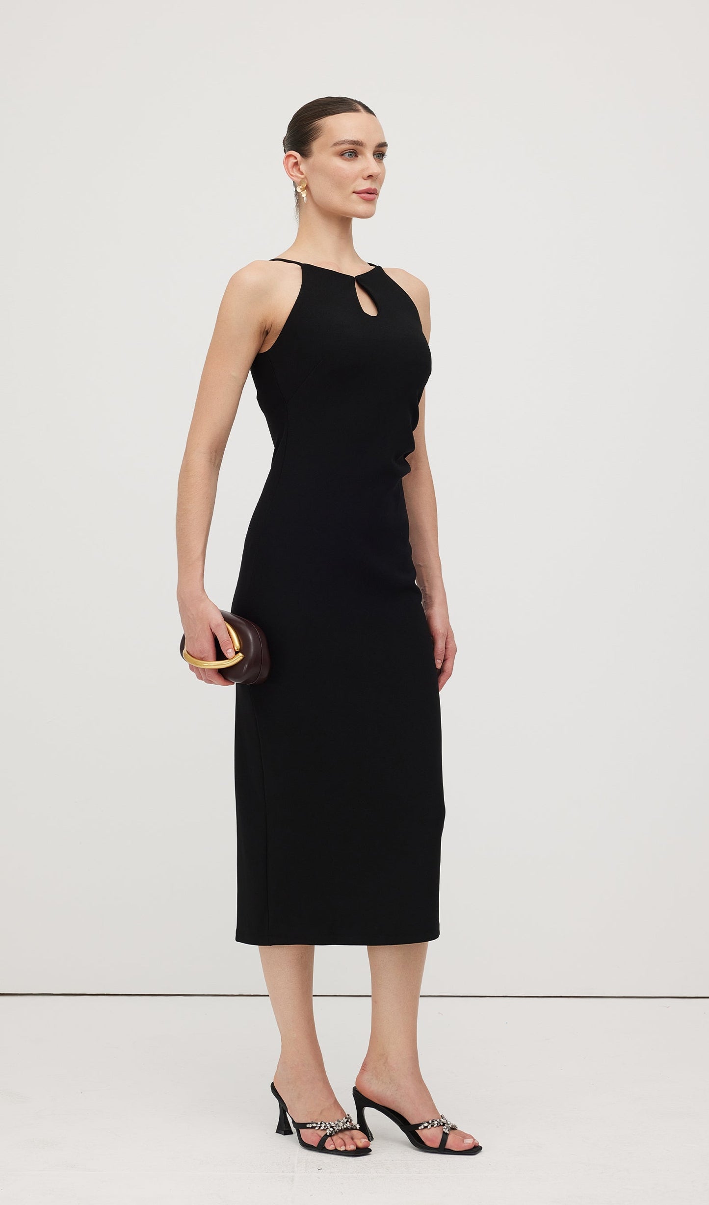 Solid Keyhole Cutout Midi Dress