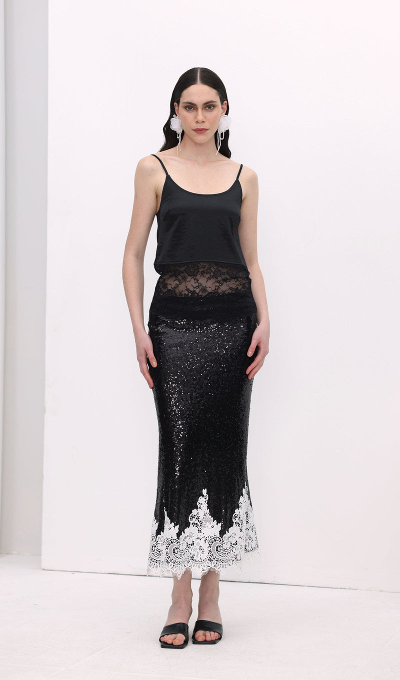 Sequinned Lace Trim Midi Skirt