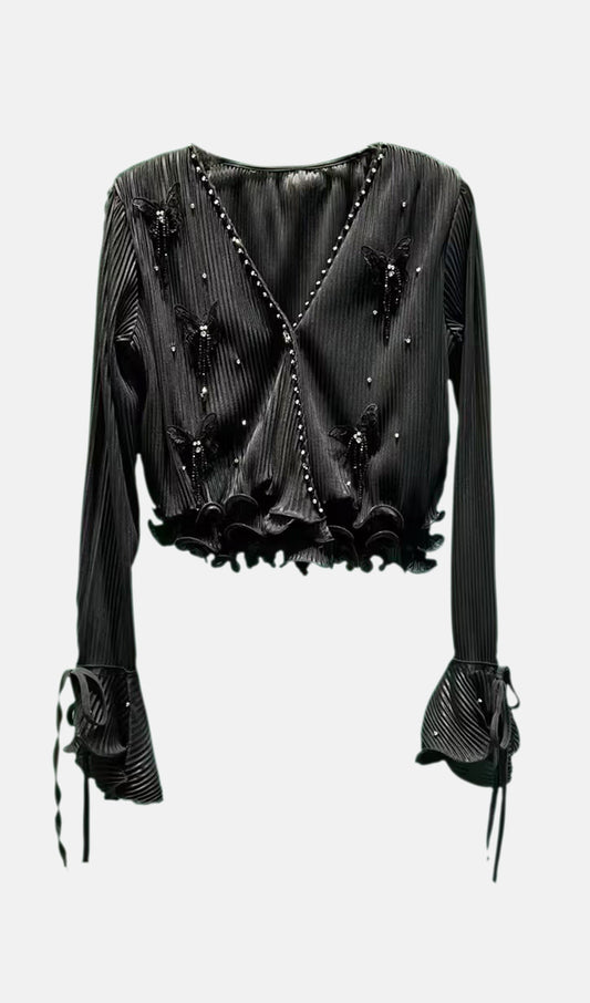 Butterfly Embellished Ruffled Top
