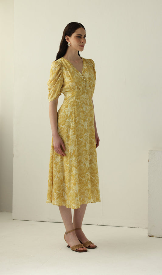 Yellow Printed Short Sleeve Midi Dress