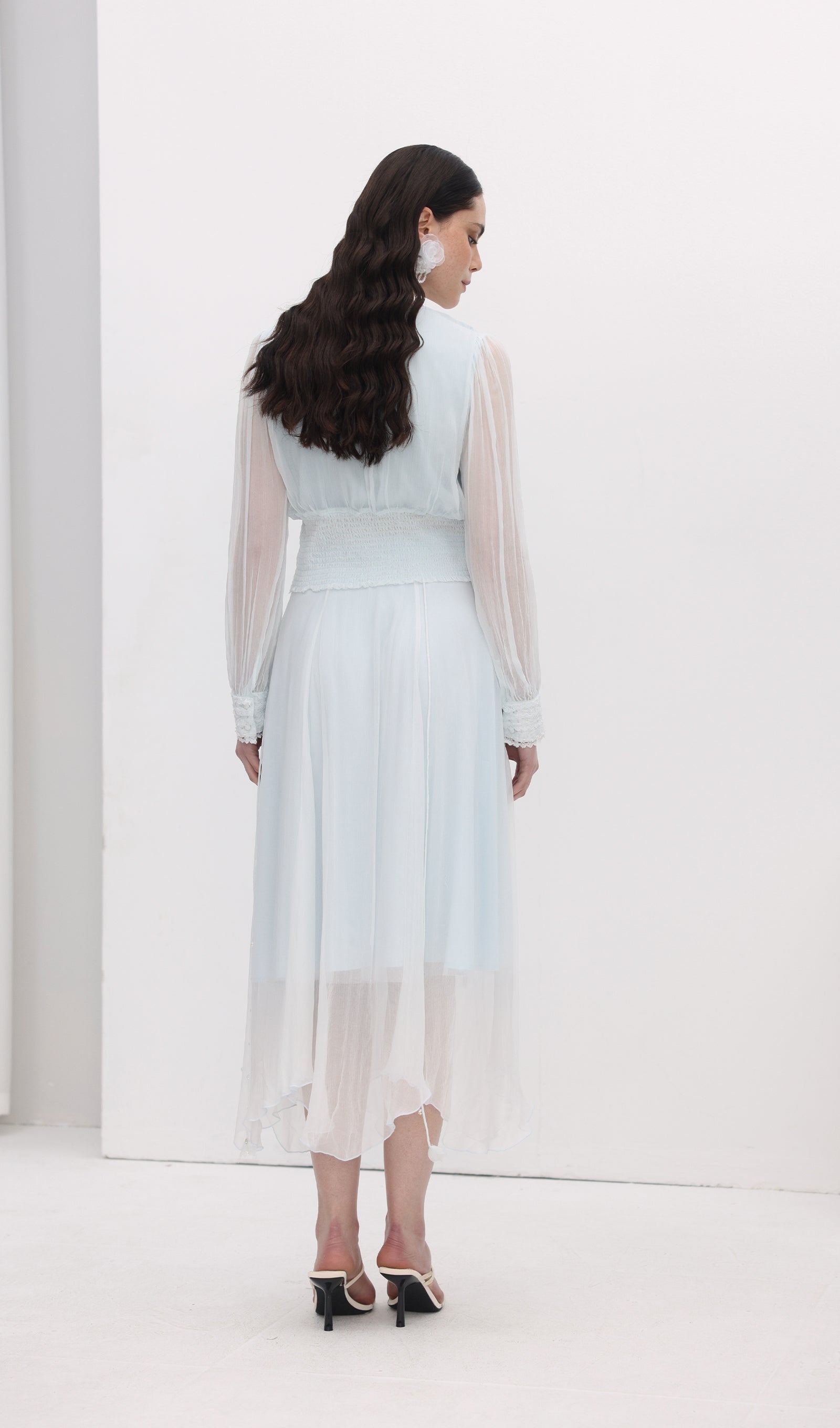 V Neck Bodice Mesh Midi Skirt Sets