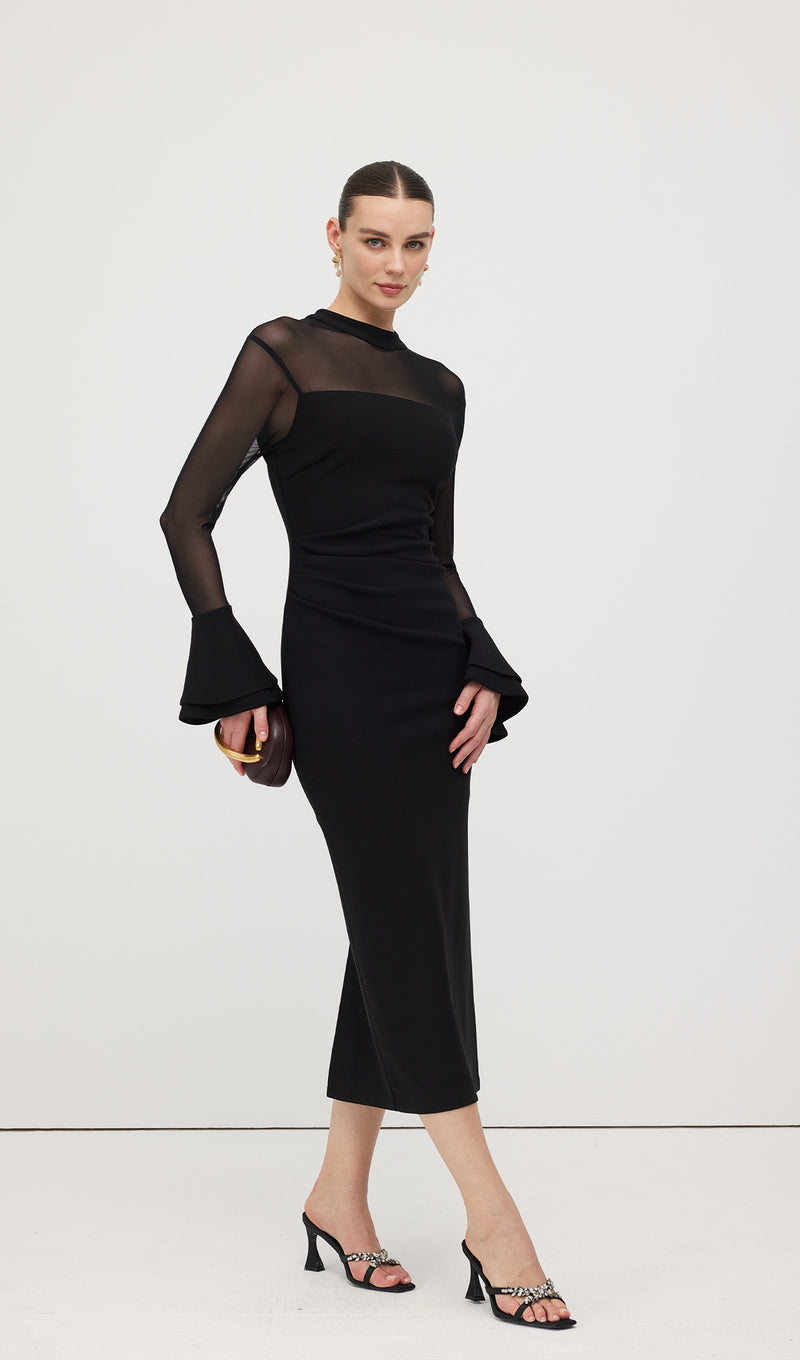 Mesh Stitching Long Sleeve Midi Dress