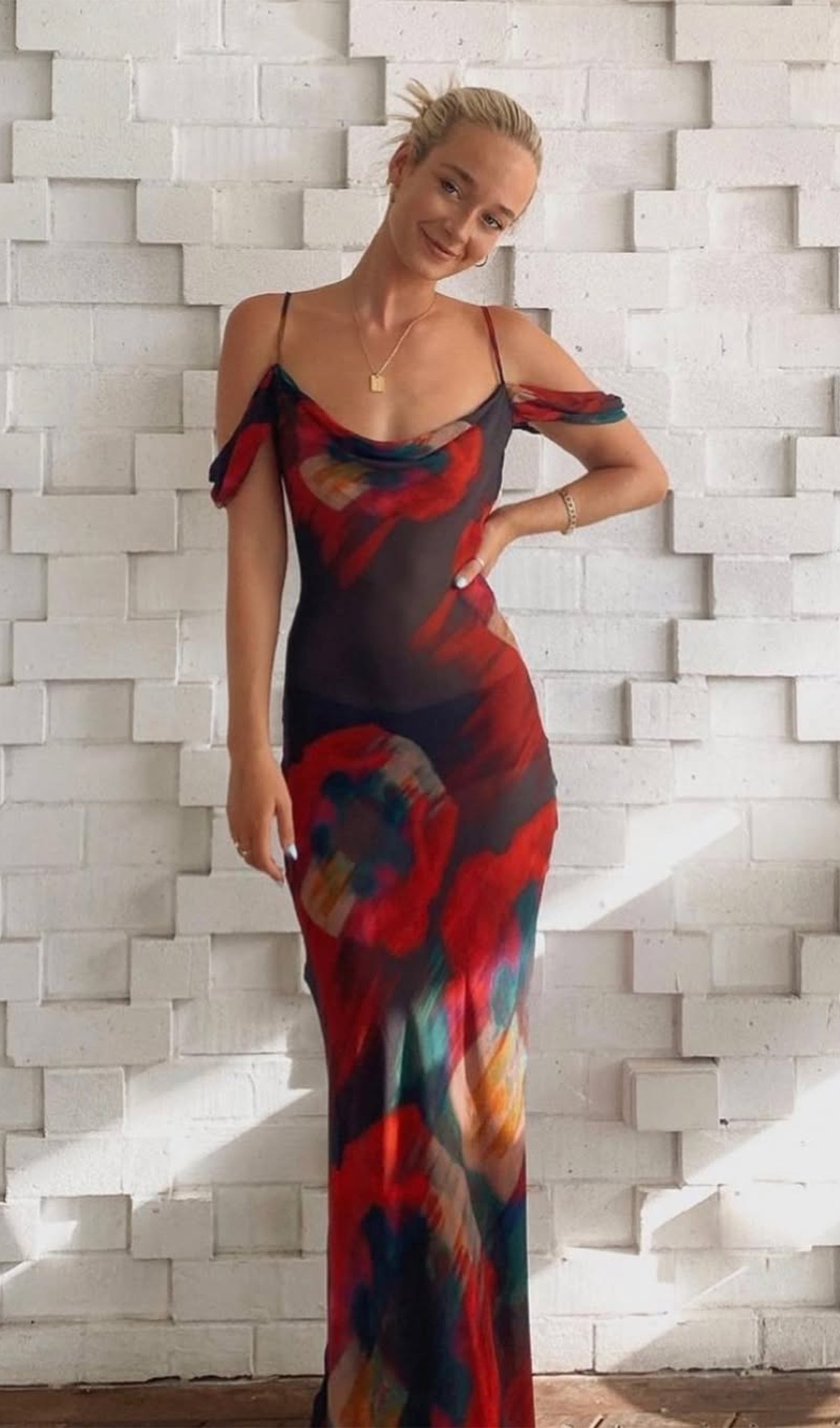 Abstract Floral Print Slip Maxi Dress