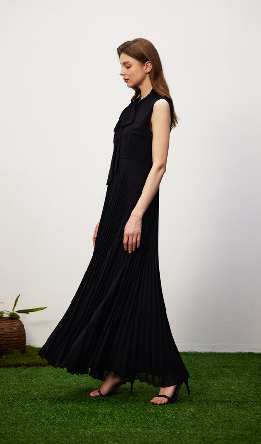 Stretch Knit Pleated Satin Midi Dress