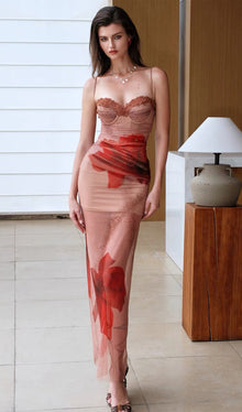 Slim Mesh  Print Midi Dress